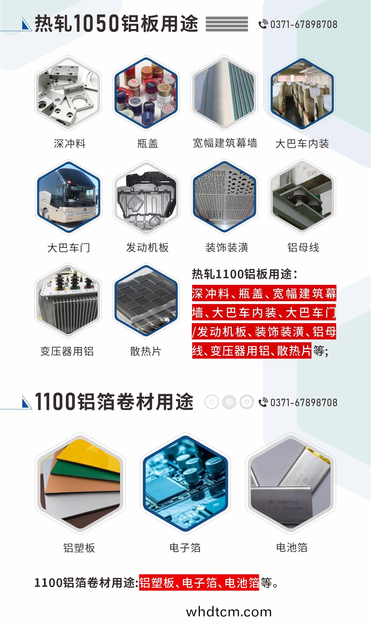 熱(re)軋(ya)1100鋁(lv)闆(ban)用途：深(shen)衝(chong)料、缾(ping)蓋、寬幅(fu)建(jian)築幙(mu)牆(qiang)、大巴(ba)車(che)內(nei)裝(zhuang)、大(da)巴(ba)車(che)門/髮(fa)動機(ji)闆、裝(zhuang)飾裝(zhuang)潢、鋁(lv)母線、變(bian)壓器(qi)用鋁、散熱(re)片(pian)等;1100鋁箔(bo)捲材用(yong)途(tu)：鋁(lv)塑闆(ban)、電子箔(bo)、電池(chi)箔(bo)等(deng)。