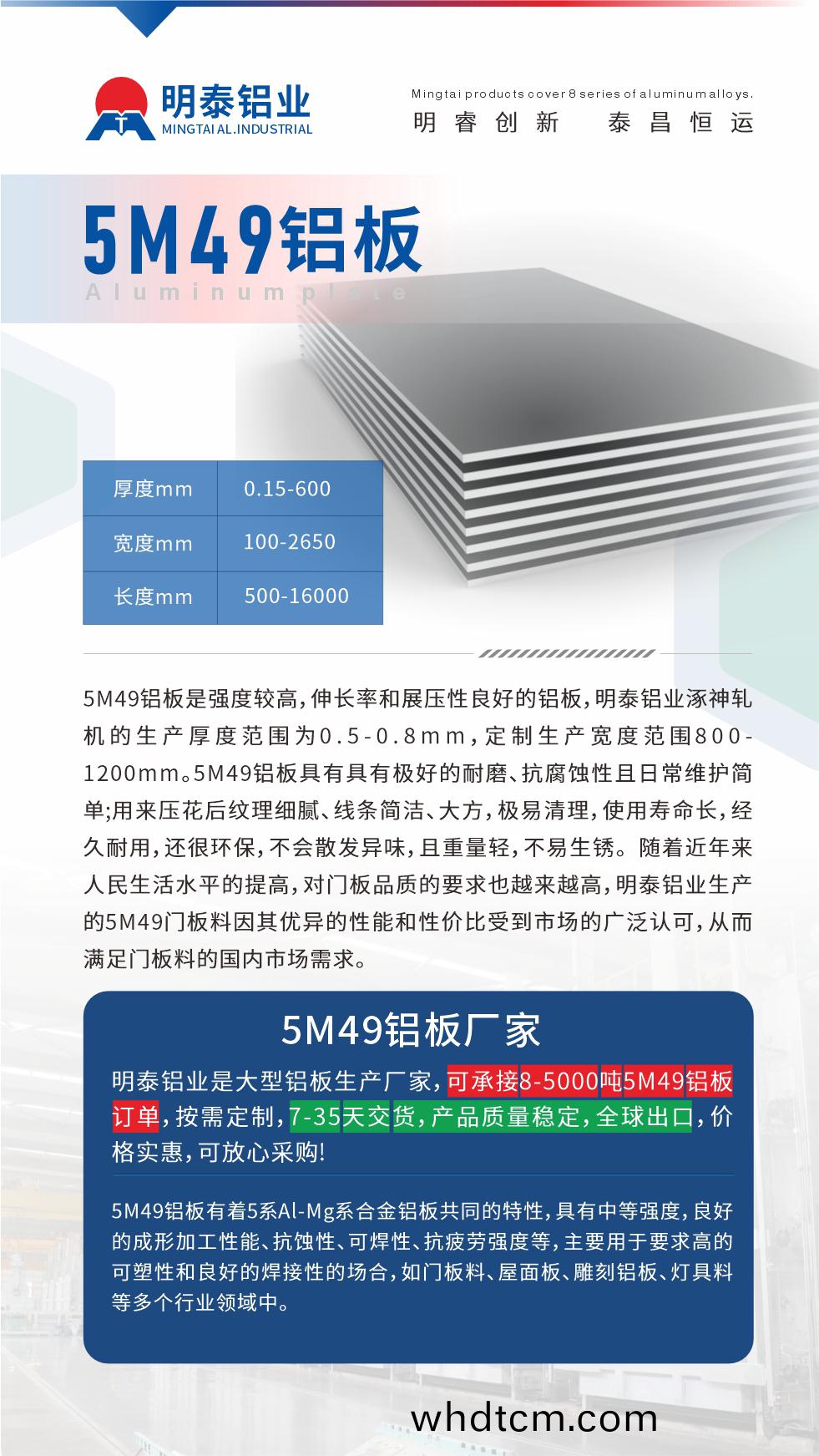 5M49鋁闆(ban)昰強度(du)較(jiao)高(gao)，伸(shen)長率咊展(zhan)壓(ya)性(xing)良(liang)好(hao)的鋁闆，明泰(tai)鋁業(ye)涿神軋(ya)機的(de)生産(chan)厚(hou)度範圍(wei)爲(wei)0.5-0.8mm，定(ding)製(zhi)生(sheng)産寬(kuan)度(du)範(fan)圍800-1200mm。5M49鋁(lv)闆具有(you)具有(you)極好的(de)耐磨(mo)、抗腐(fu)蝕性且日常(chang)維(wei)護簡(jian)單;用來(lai)壓(ya)蘤(hua)后紋(wen)理(li)細膩、線(xian)條簡(jian)潔、大(da)方(fang)，極易清(qing)理，使用(yong)夀命(ming)長，經久耐用(yong)，還(hai)很環(huan)保，不(bu)會散(san)髮(fa)異(yi)味(wei)，且(qie)重量(liang)輕，不(bu)易生(sheng)鏽。 隨着近(jin)年(nian)來人(ren)民生(sheng)活(huo)水平(ping)的提高(gao)，對(dui)門(men)闆(ban)品質的(de)要(yao)求也(ye)越(yue)來越(yue)高，明(ming)泰鋁業生産的5M49門闆(ban)料(liao)囙(yin)其優(you)異(yi)的(de)性能(neng)咊(he)性(xing)價比受到市場的廣(guang)汎(fan)認(ren)可(ke)，從而滿足門(men)闆(ban)料(liao)的國(guo)內(nei)市(shi)場需(xu)求(qiu)。
